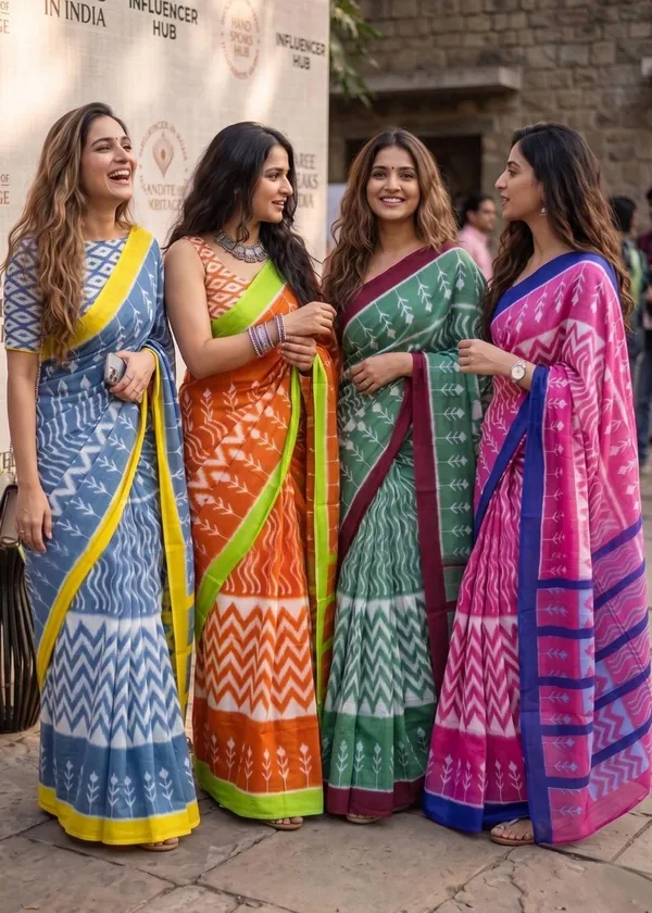 Orange_Cotton_Handloom_Ikat_Print_Saree_With_Green_Border