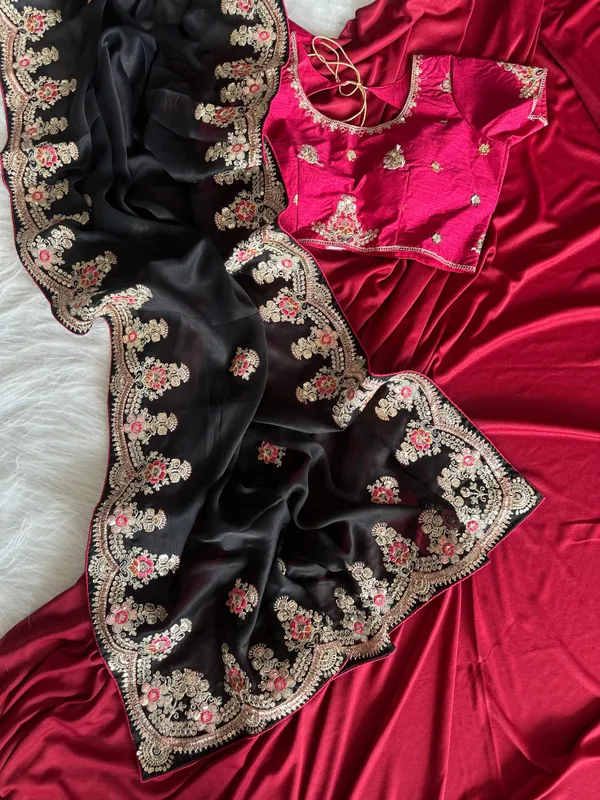 Black_Pink_Satin_Sequin_Embellished_Saree_With_Stitched_Blouse_For_Women