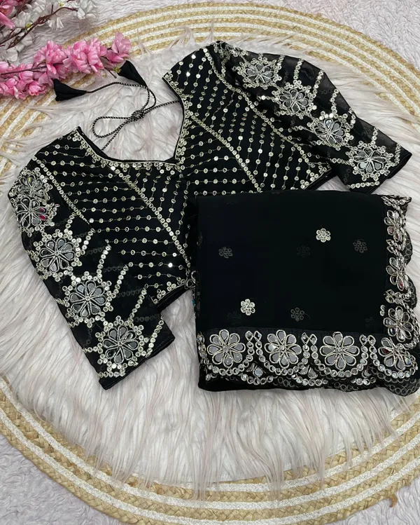 Black_Silk_Georgette_Embroidered_Saree_With_Blouse_For_Women