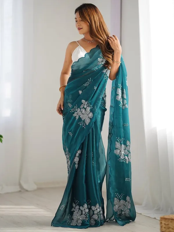 Teal_Organza_Sequin_Embellished_Scalloped_Border_Saree_For_Women