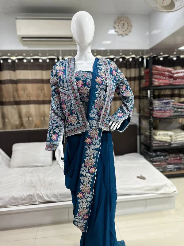 Teal_Blue_Silk_Georgette_Sequin_Embellished_Saree_Gown_For_Women
