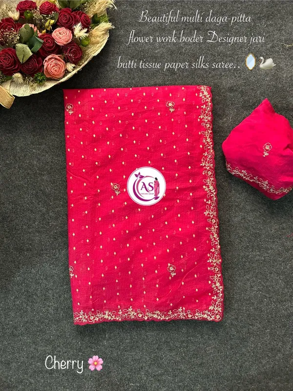 Cherry_Pink_Tissue_Silk_Daga_Pitta_Border_Saree_For_Women