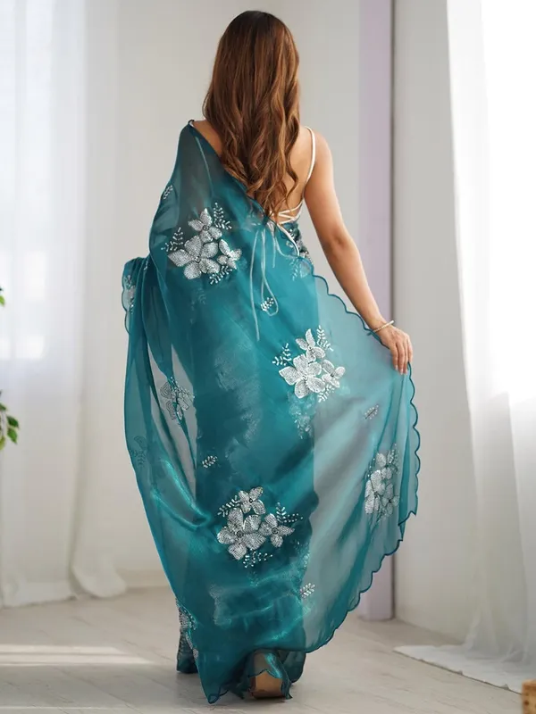 Teal_Organza_Sequin_Embellished_Scalloped_Border_Saree_For_Women
