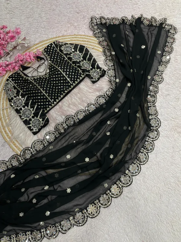 Black_Silk_Georgette_Embroidered_Saree_With_Blouse_For_Women