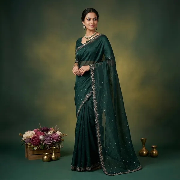 Dark_Green_Tissue_Silk_Embroidered_Saree_With_Blouse_For_Women