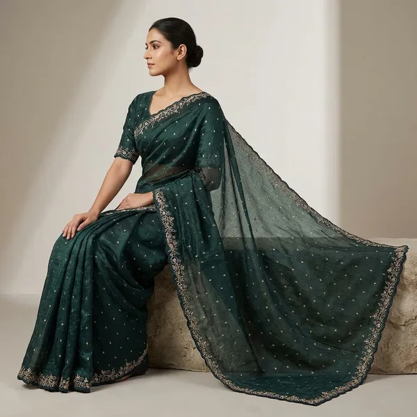 Dark_Green_Tissue_Silk_Embroidered_Saree_With_Blouse_For_Women