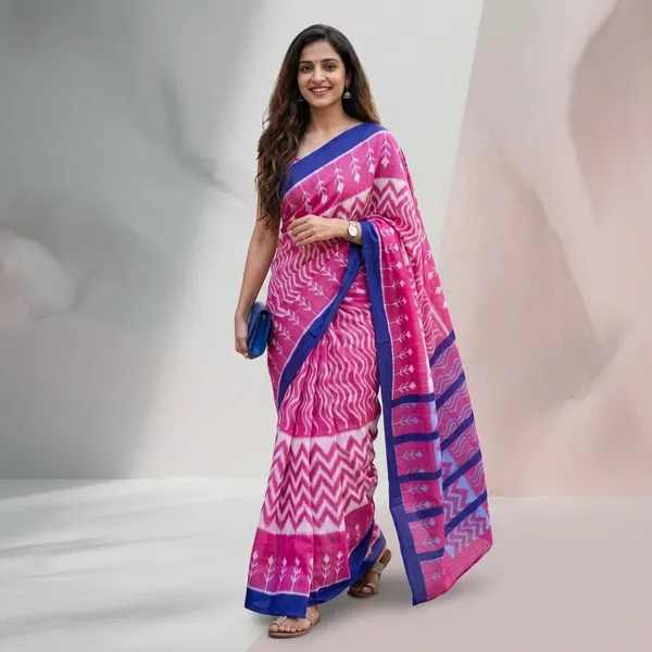 Pink_Blue_Handloom_Cotton_Ikat_Saree_With_Blue_Border_For_Women