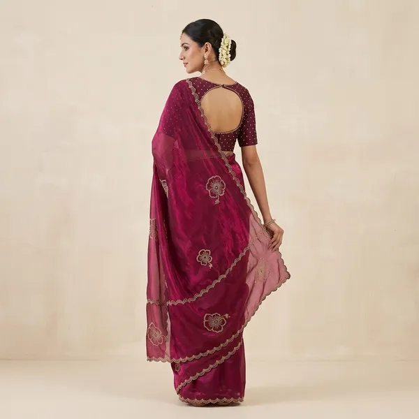 Pink_Wine_Organza_Embroidered_Saree_With_Stitched_Blouse_For_Women