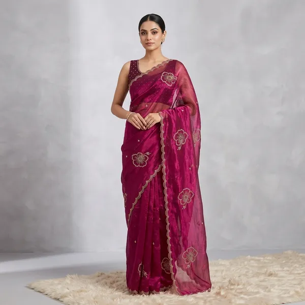 Pink_Wine_Organza_Embroidered_Saree_With_Stitched_Blouse_For_Women