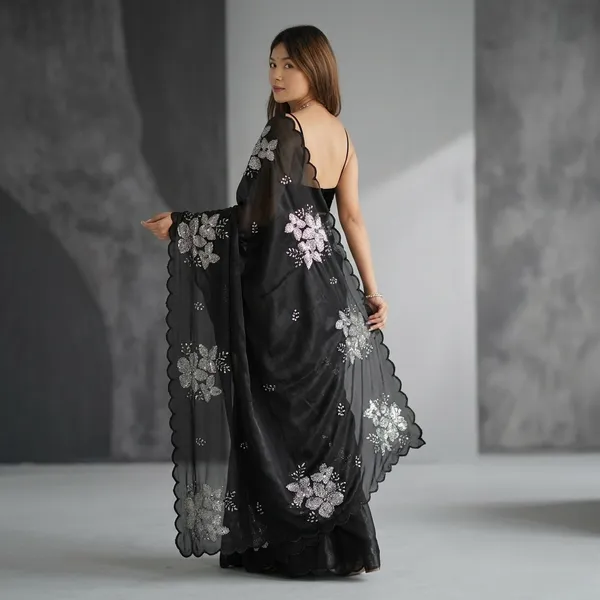 Black_Silk_Georgette_Sequin_Floral_Embellished_Saree_For_Women
