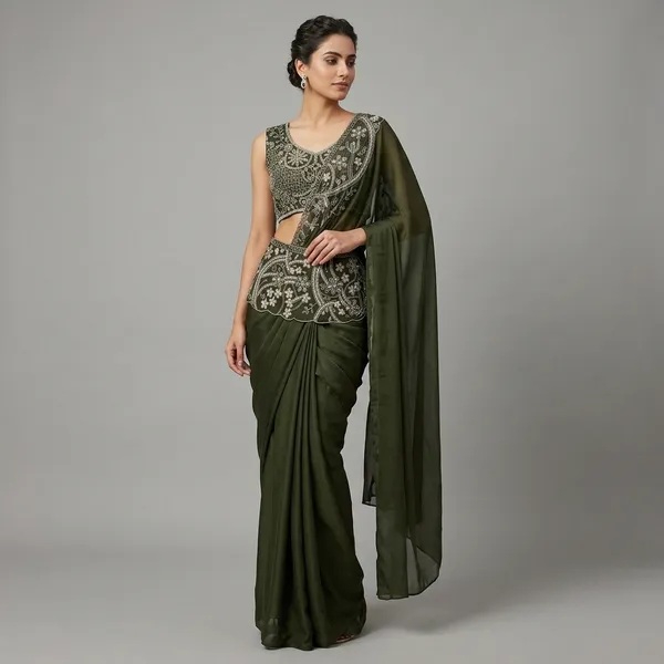 Olive_Green_Silk_Georgette_Sequin_Draped_Saree_Set_For_Women