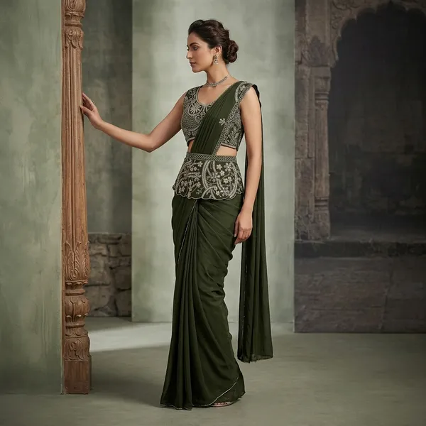 Olive_Green_Silk_Georgette_Sequin_Draped_Saree_Set_For_Women