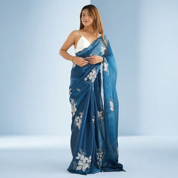 Blue_Organza_Floral_Embroidered_Saree_For_Women