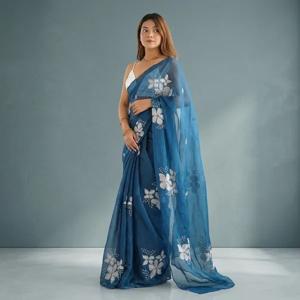 Blue_Organza_Floral_Embroidered_Saree_For_Women