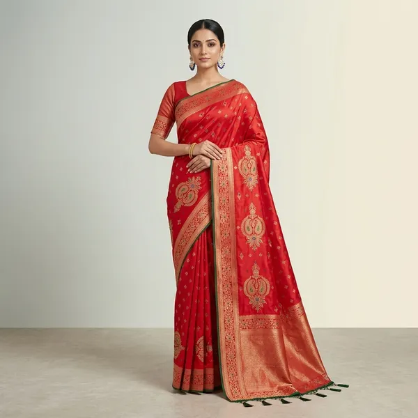 Red_Banarasi_Silk_Meenakari_Diamond_Border_Saree_For_Women