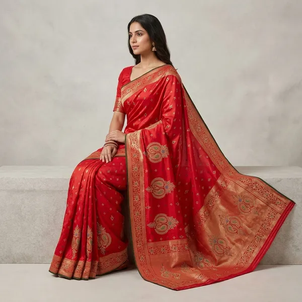 Red_Banarasi_Silk_Meenakari_Diamond_Border_Saree_For_Women