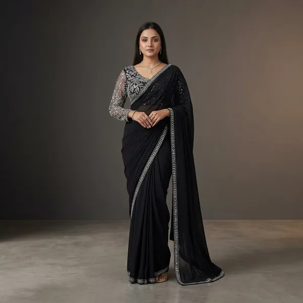 Black_Silk_Georgette_Sequin_Embellished_Saree_With_Blouse_For_Women