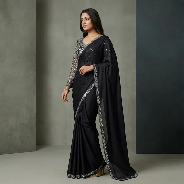Black_Silk_Georgette_Sequin_Embellished_Saree_With_Blouse_For_Women