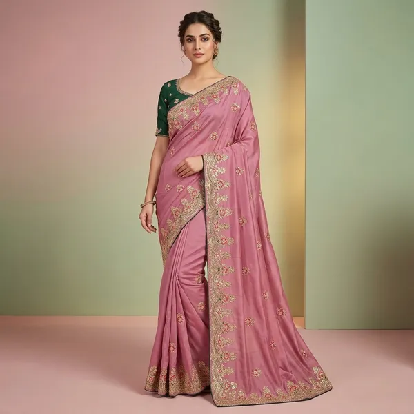 Pink_Green_Silk_Embroidered_Saree_With_Stitched_Blouse_For_Women