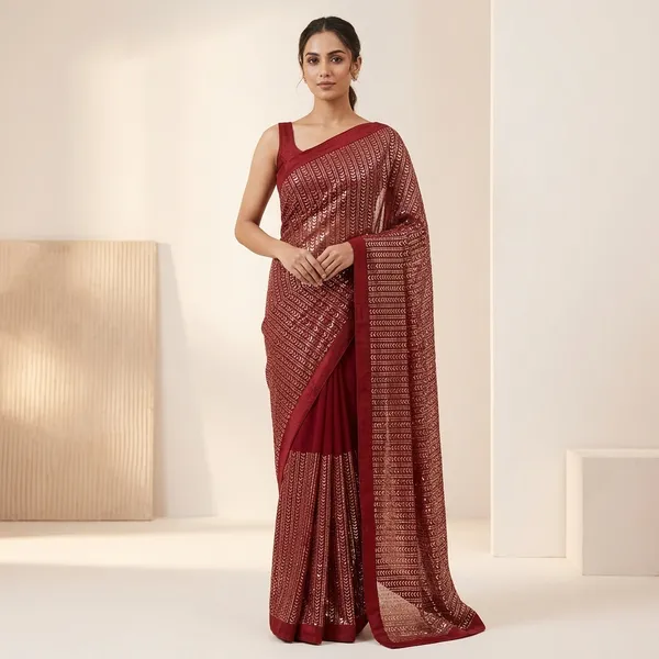 Maroon_Silk_Georgette_Sequin_Embroidered_Saree_For_Women