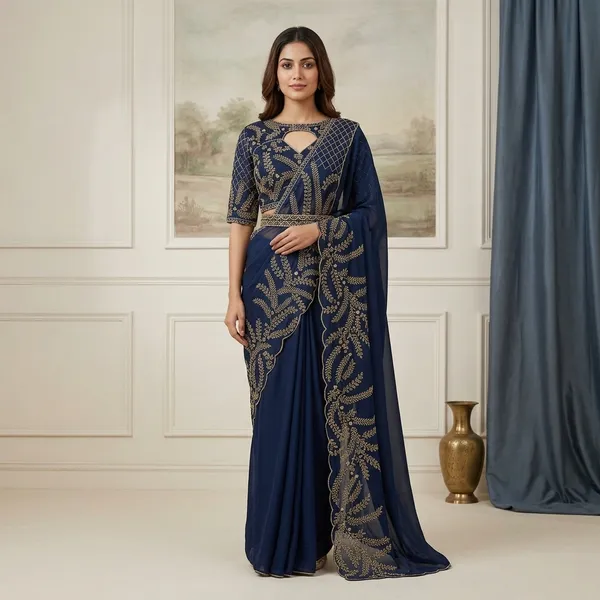 Navy_Blue_Silk_Georgette_Embroidered_Saree_With_Blouse_For_Women