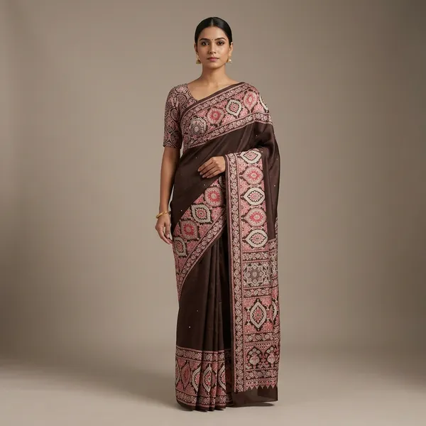 Brown_Silk_Kalamkari_Print_Saree_For_Women