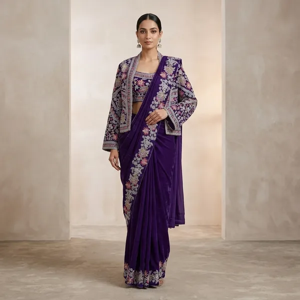 Purple_Velvet_Embroidered_Saree_With_Jacket_For_Women