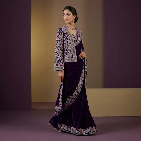 Purple_Velvet_Embroidered_Saree_With_Jacket_For_Women
