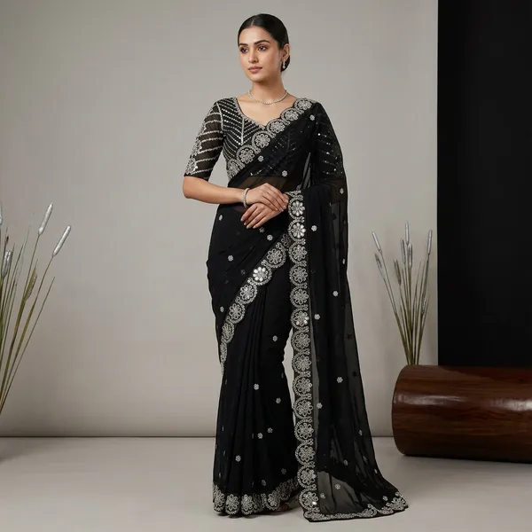 Black_Silk_Georgette_Embroidered_Saree_With_Blouse_For_Women