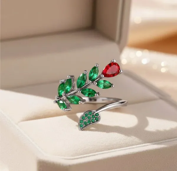 Rose_Flower_Adjustable_Ring_With_Green_Leaf_Design_And_Red_Crystal