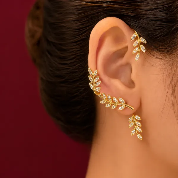 Designer_Leaf_Ear_Climber_Earrings_–_Zircon_Studded_Gold_Ear_Cuff