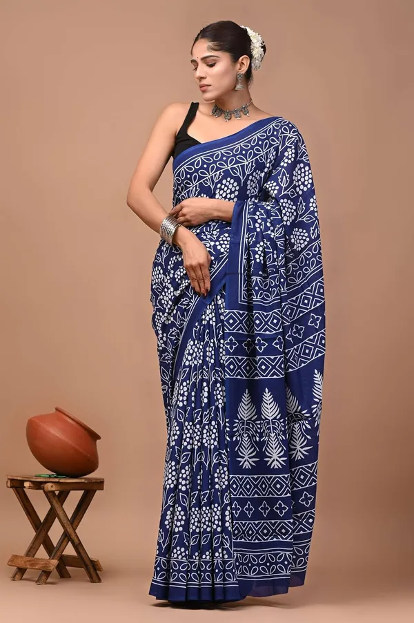 Women_S_Mulmul_Cotton_Hand_Block_Printed_Saree_With_Blouse_Piece