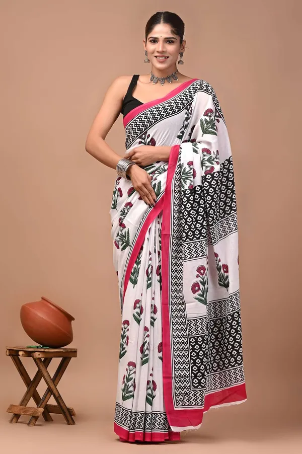 Mulmul_Cotton_Printed_Saree_With_Blouse_Piece