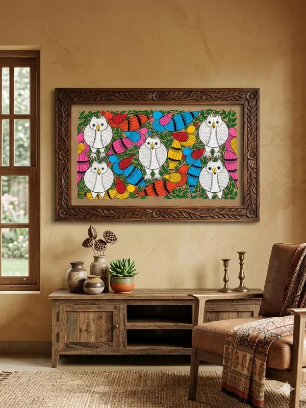 Prithviya_Collective_Handcrafted_Folk_Art_Owls_and_Birds_Decorative_Wall_Painting