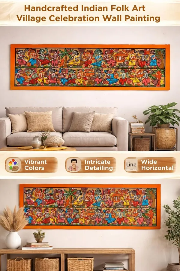 Prithviya_Collective_Handcrafted_Indian_Folk_Art_Village_Celebration_Horizontal_Wall_Painting