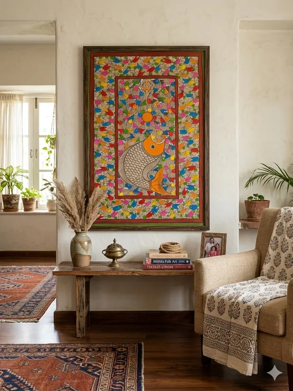 Prithviya_Collective_Handcrafted_Madhubani_Single_Fish_Folk_Art_Wall_Painting_with_Multicolor_Border