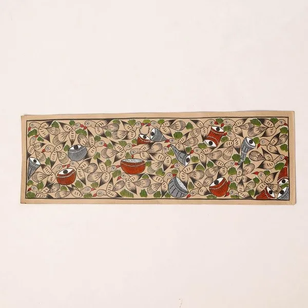 Prithviya_Collective_Handmade_Tribal_Bird_Folk_Art_Painting_on_Paper_�_Traditional_Indian_Madhubani_Style_Wall_Decor_|_Horizontal_Nature-Themed_Artwork