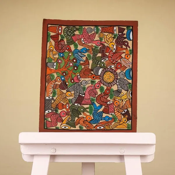 Prithviya_Collective_Handmade_Colorful_Bird_Madhubani_Painting_on_Paper_�_Traditional_Indian_Folk_Art_Wall_Decor_|_Vibrant_Square_Tribal_Artwork_for_Home_&_Office