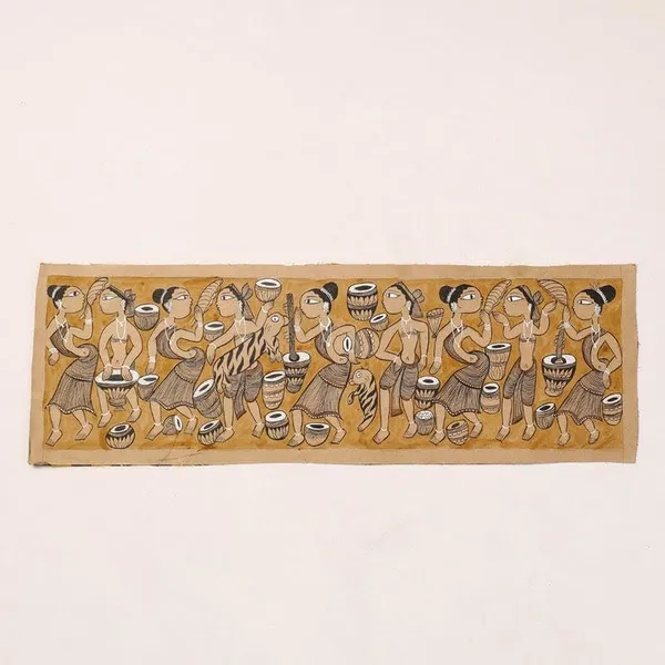 Prithviya_Collective_Handmade_Tribal_Village_Life_Madhubani_Painting_on_Paper_�_Traditional_Indian_Folk_Art_Wall_Decor_|_Monochrome_Cultural_Dance_Scene_Artwork
