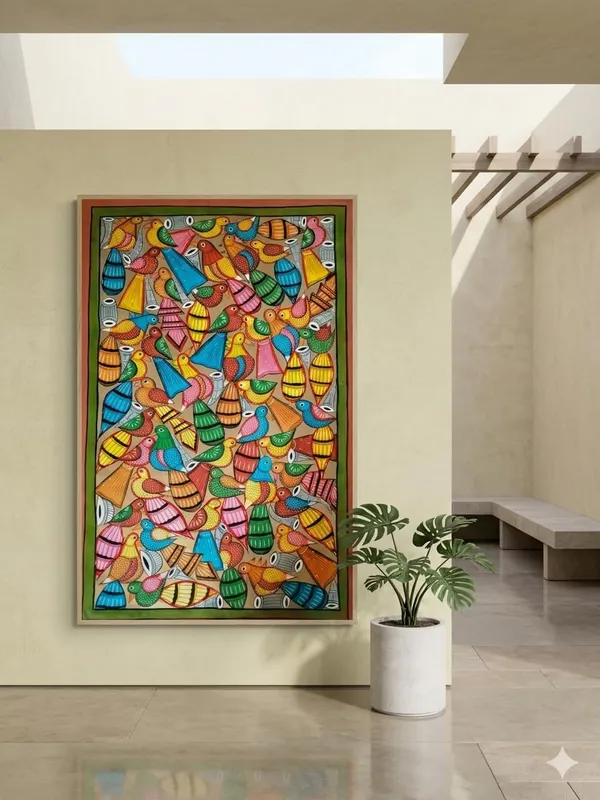 Prithviya_Collective_Handmade_Madhubani_Village_Life_Painting_with_Decorative_Border_�_Traditional_Mithila_Folk_Art_Wall_D�cor