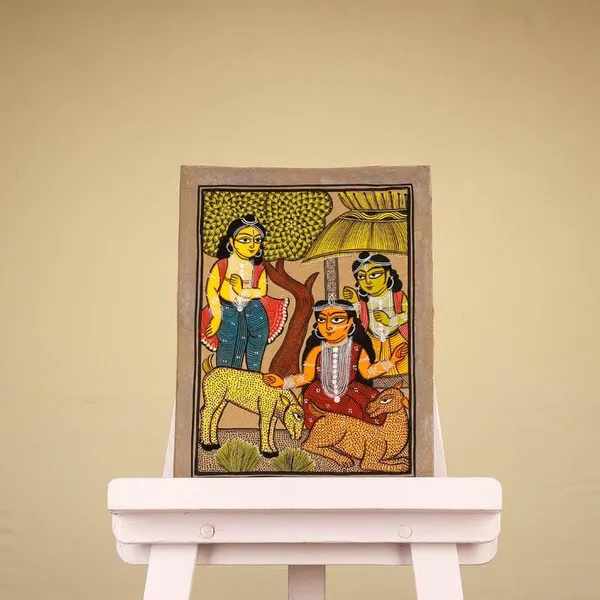 Prithviya_Collective_Handmade_Tribal_Folk_Art_Painting_of_Village_Life_Scene_with_Animals_&_Women_�_Traditional_Indian_Wall_Art_on_Paper_(Unframed/Framed_Option)