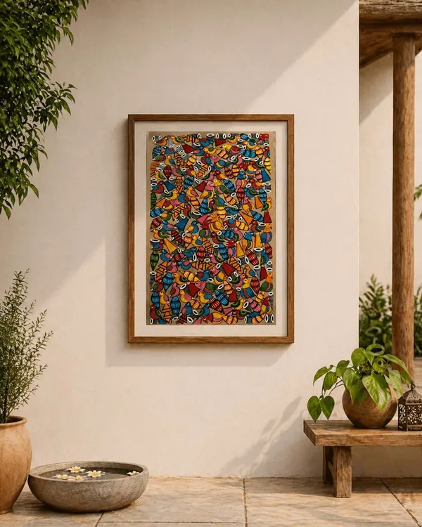 Prithviya_Collective_Colorful_Folk_Bird_Harmony_Madhubani_Painting_�_Handmade_Traditional_Wall_Art