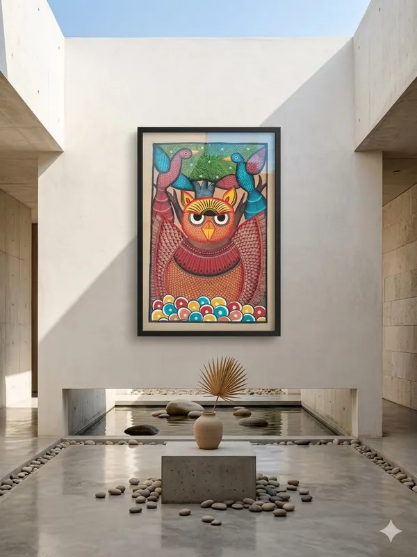 Prithviya_Collective_Handcrafted_Folk_Owl_Wall_Art_Painting_with_Birds_�_Framed_Traditional_Tribal_Artwork_(16_x_22_Inches)