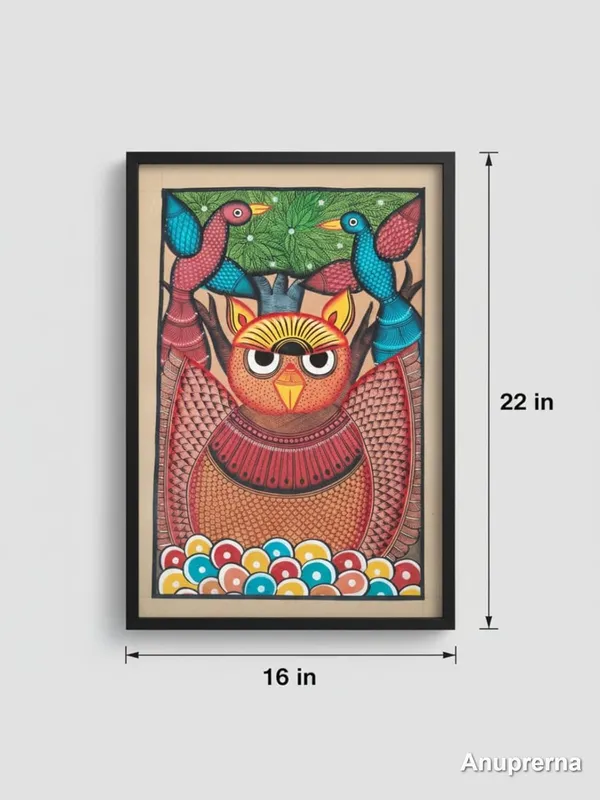 Prithviya_Collective_Handcrafted_Folk_Owl_Wall_Art_Painting_with_Birds_�_Framed_Traditional_Tribal_Artwork_(16_x_22_Inches)