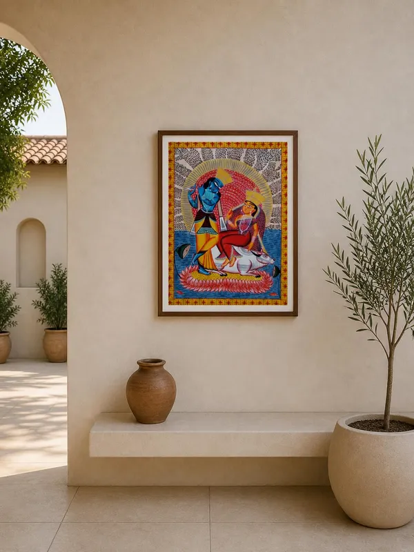 Prithviya_Collective_Radha_Krishna_Traditional_Folk_Art_Painting_with_Wooden_Frame_&_Glass_Protection