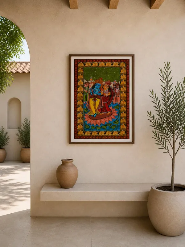 Prithviya_Collective_Radha_Krishna_Lotus_Folk_Art_Painting_with_Traditional_Border_Frame_Design