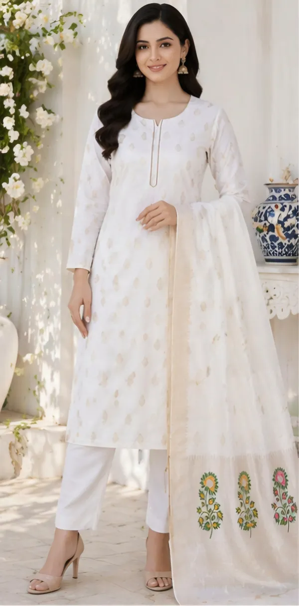 White_Banarasi_Jacquard_Unstitched_Suit_Set_For_Women