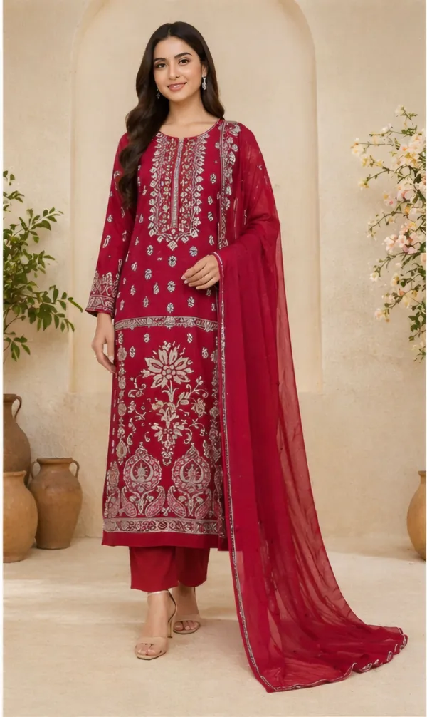 Red_Rayon_Unstitched_Suit_Set_For_Women