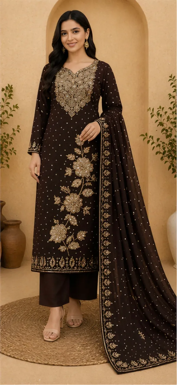 Brown_Georgette_Unstitched_Suit_Set_For_Women