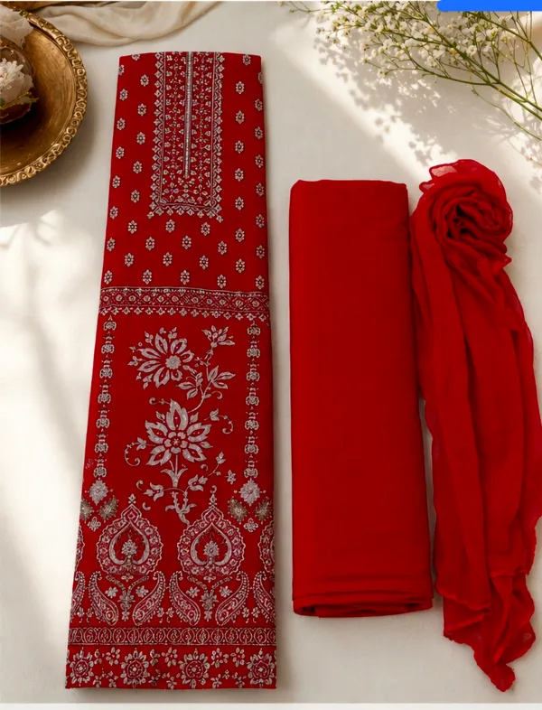 Red_Rayon_Unstitched_Suit_Set_For_Women